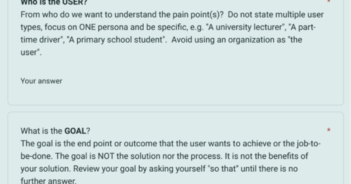 User problem framework template