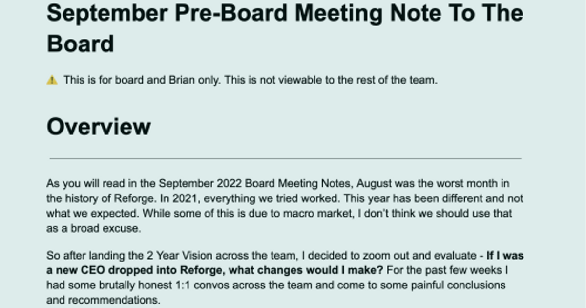 PreBoard Meeting Note to the Board at