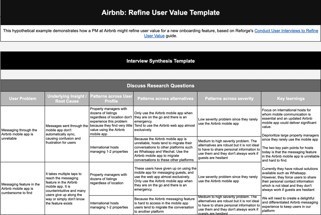 User Value Matrix Refine user value template: Airbnb example