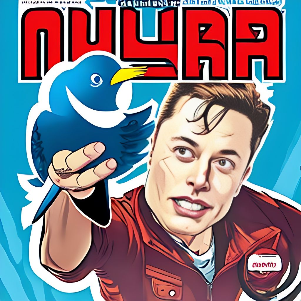 elon musk holding a floating twitter bird icon in comic book style, Comixology, ultra detailed, print material, graphic novel, flat colors scheme, Photorealistic, high-resolution, crisp, sharp, 2 panel, drawing, flat art style