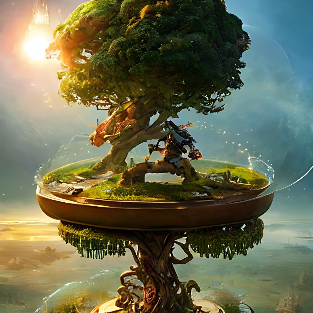 a bonsai inside of a bubble, an intricate and hyperdetailed painting by Ismail Inceoglu, Huang Guangjian and Dan Witz CGSociety, ZBrush Central, fantasy art, album cover art