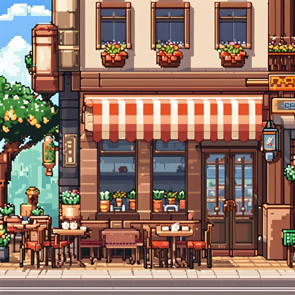 pixel-art style cozy cafe side view, rpg style game, ultra detailed, beautiful day, crisp, 16-bit graphics, blocky, pixel art style