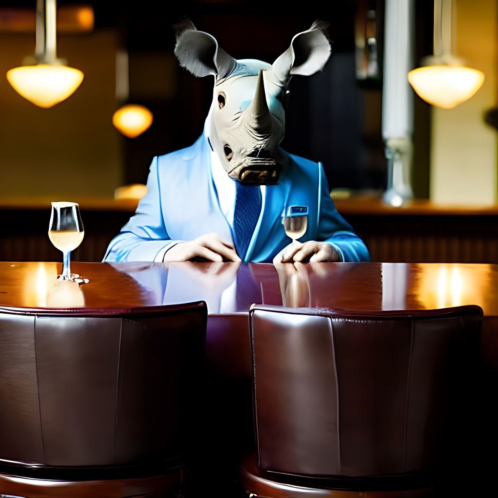 photo of a rhino dressed in a suit and tie sitting at a table in a bar with a bar stools, award winning photography, Elke vogelsang