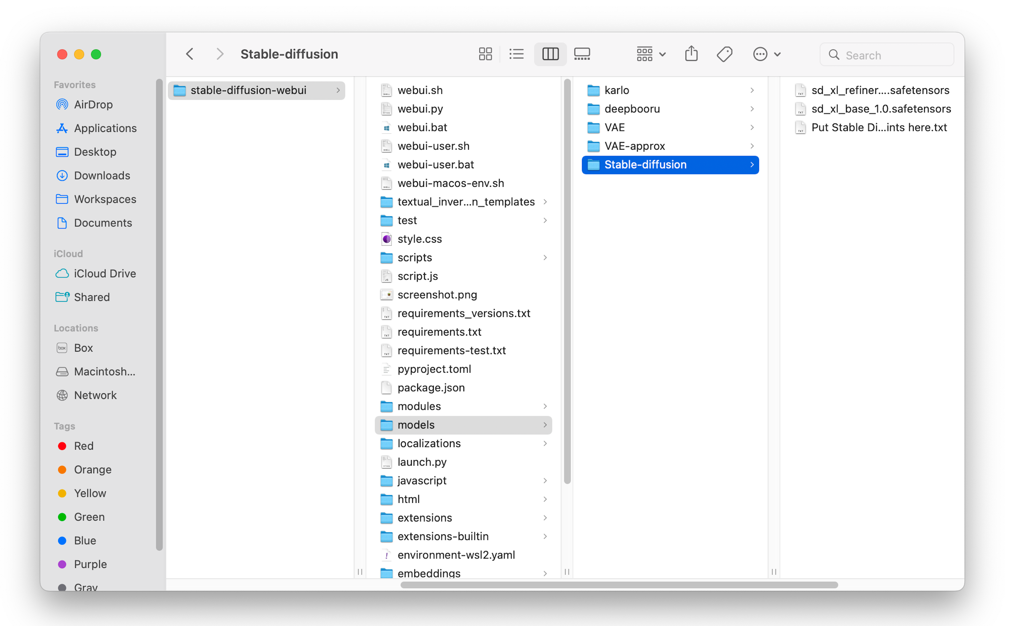 a finder window on a mac with folder for stable diffusion automatic1111