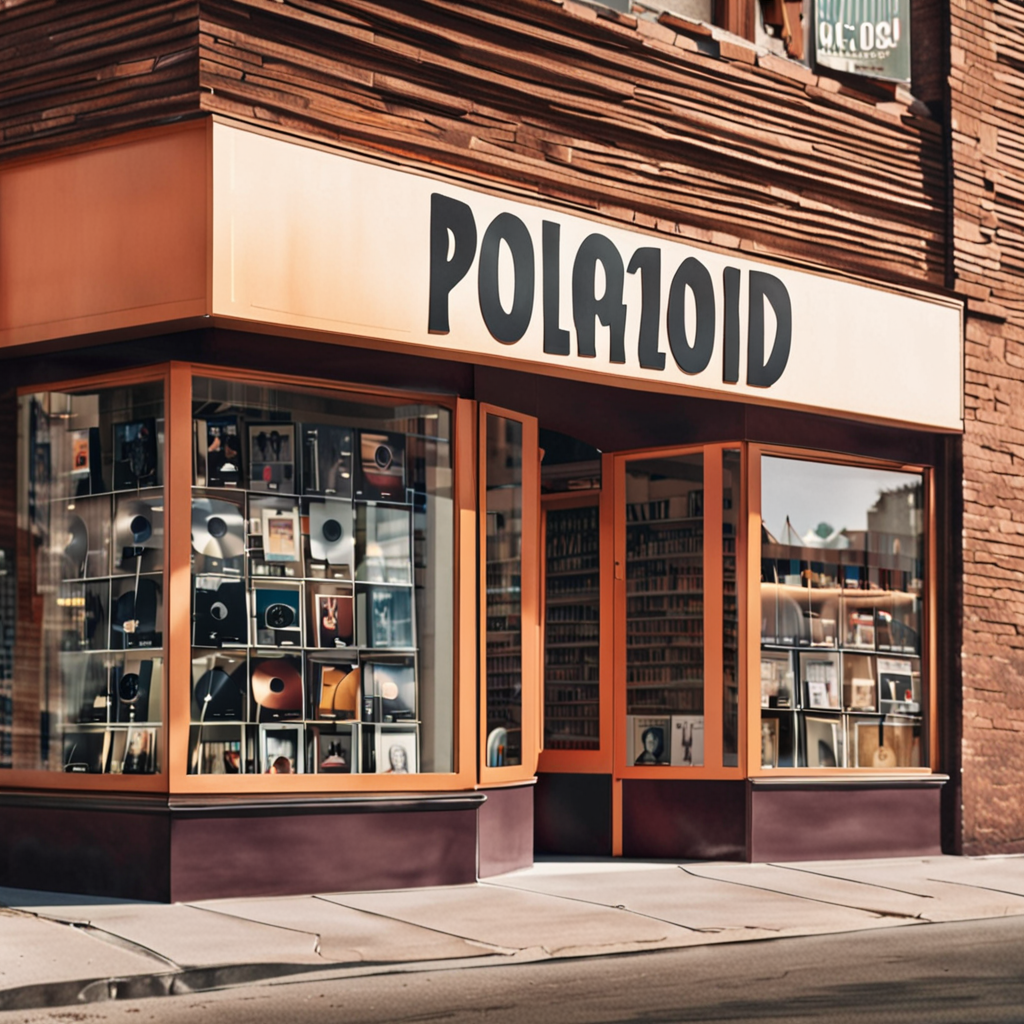 view of a vinyl record retail storefront in polaroid style, photorealistic, polaroid photography, polaroid, lens blur, photo, realistic, in the style of an album cover