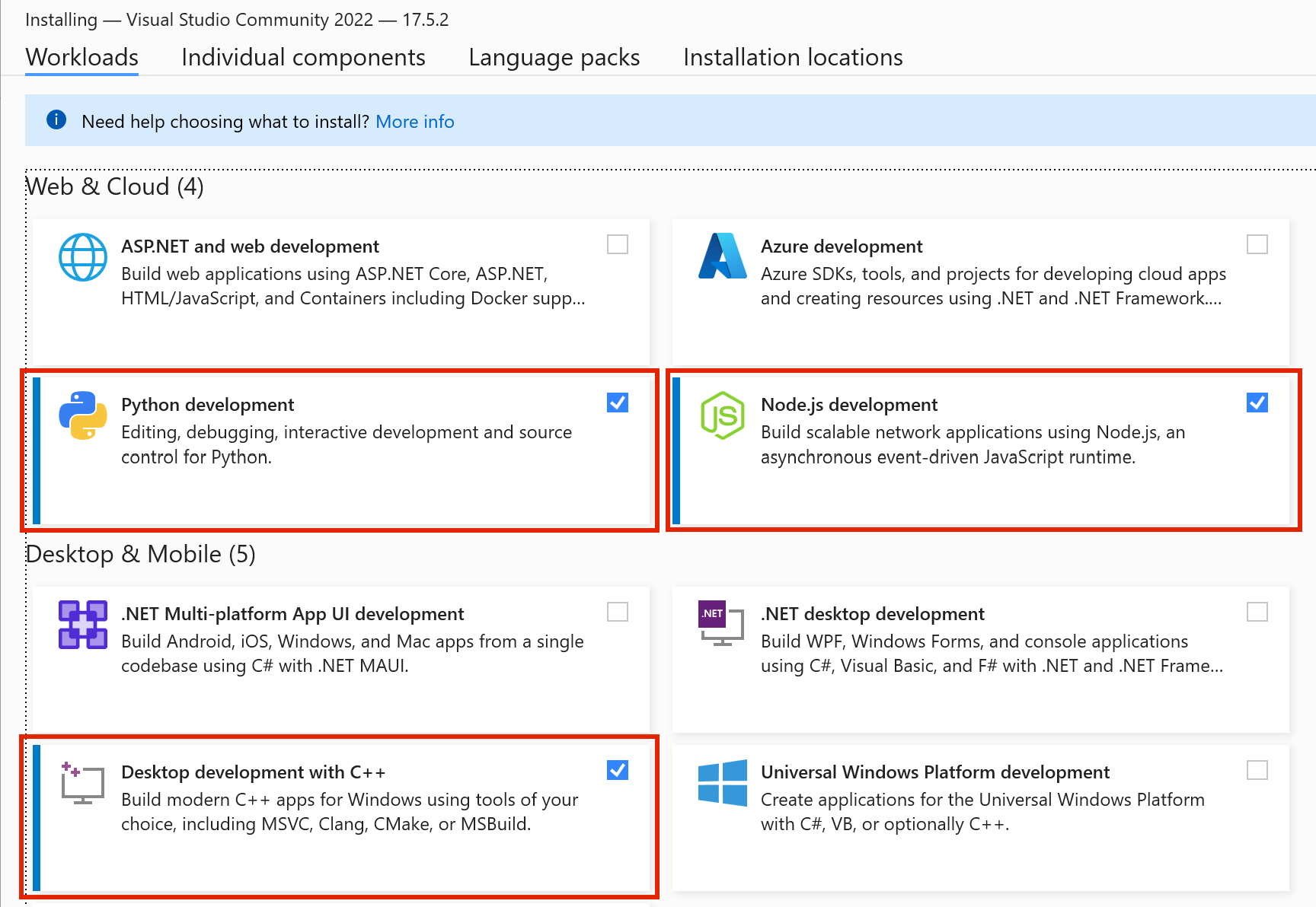 A screenshot showing to select the following options: "Python development, Node.js development, and Desktop development with C++"
