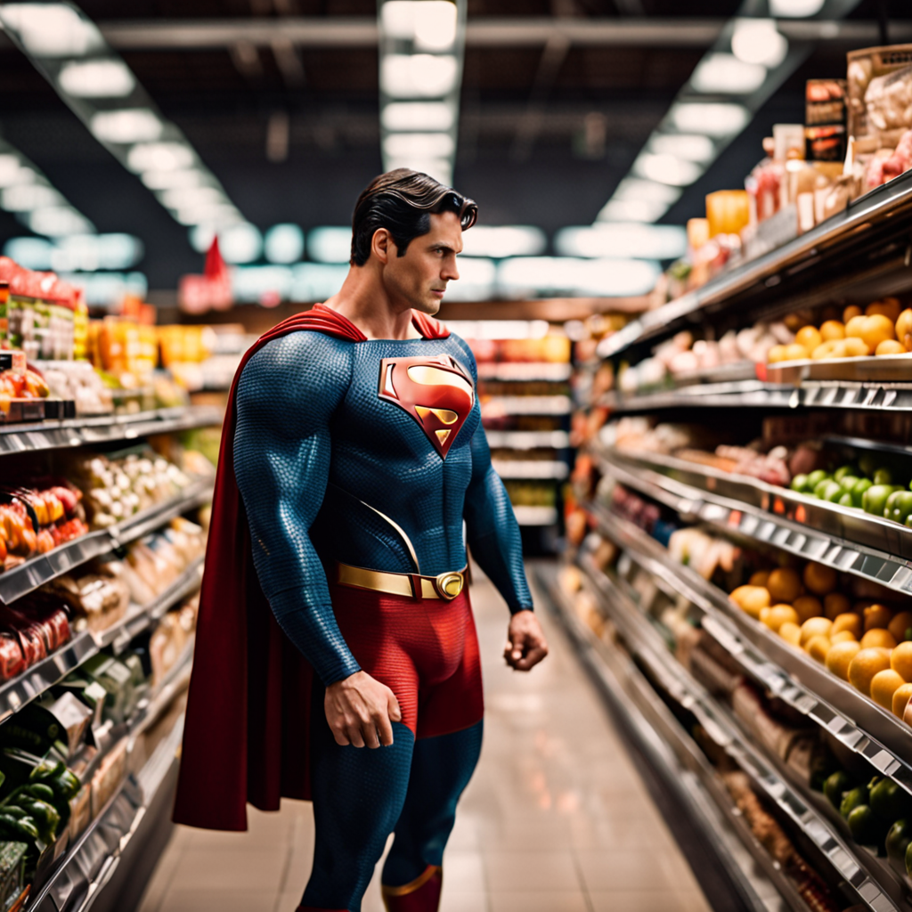 cinematic photo of superman at the grocery store, depth of field, lens flare, award winning cinematography, ultra detailed, 35mm photograph, film, bokeh, professional, 4k, highly detaileda