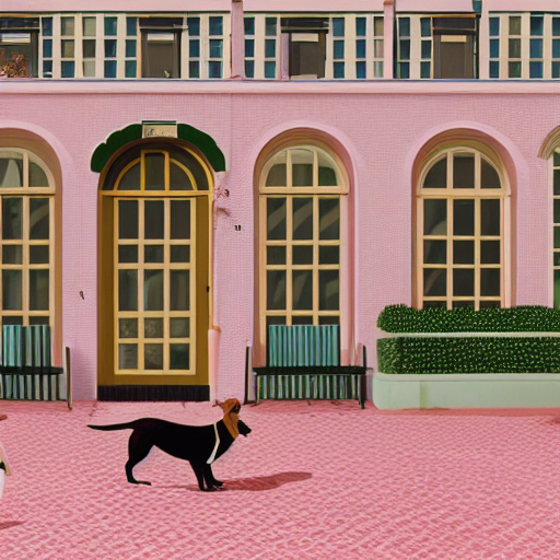 (style of Wes Anderson), dog running in a town square, photo realistic, detailed, ultra detailed, beautiful, crisp, intricate