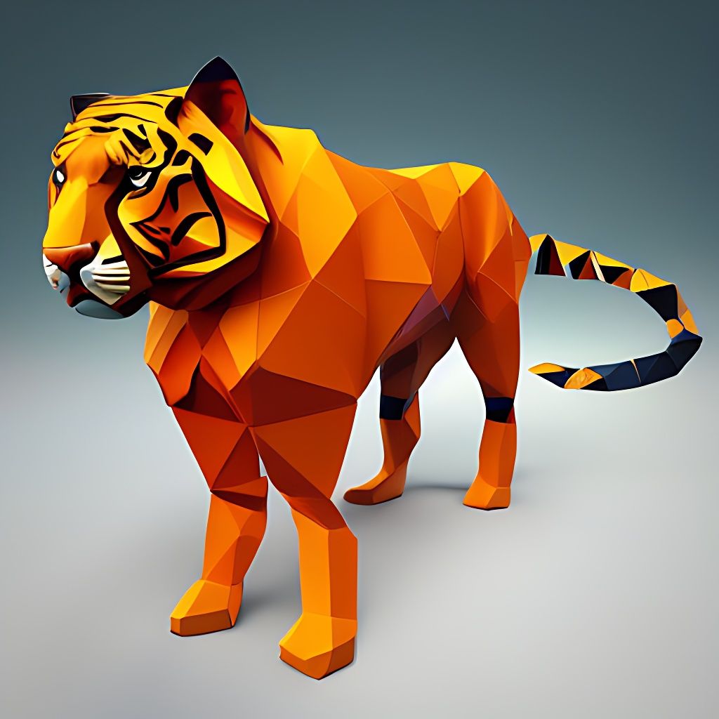 low-poly style of a tiger ready to pounce, polygon mesh, wireframe edges, ambient occlusion, low-poly game art, jagged, blocky