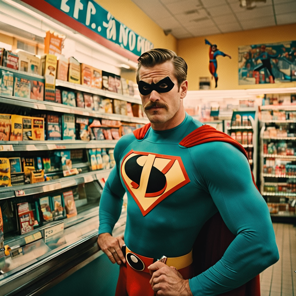 analog style selfie of Mr. Incredible the superhero in a convenience store in analog film style, epic volumetric lighting, close-up shot, wes anderson movie, old school film grain, darkroom photography