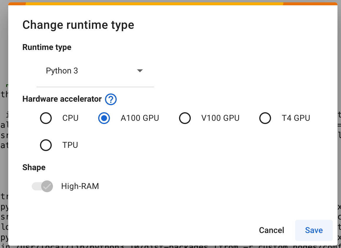 The Runtime Options for google colab