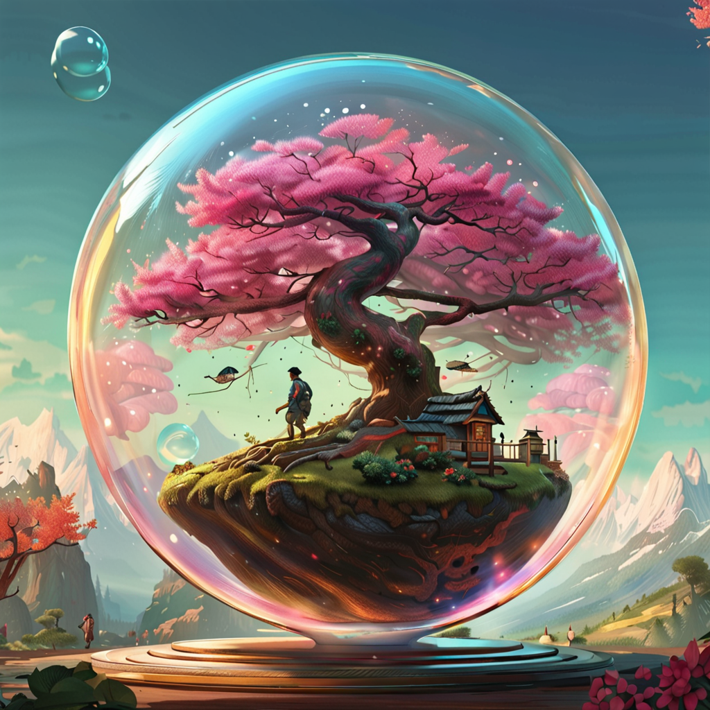 a bonsai inside of a bubble, an intricate and hyperdetailed painting by Ismail Inceoglu, Huang Guangjian and Dan Witz CGSociety, ZBrush Central, fantasy art, album cover art