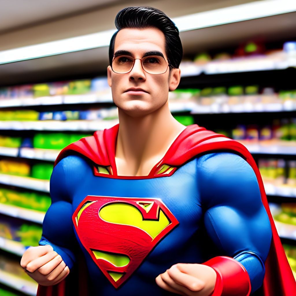 cinematic photo of superman at the grocery store, depth of field, lens flare, award winning cinematography, ultra detailed, 35mm photograph, film, bokeh, professional, 4k, highly detaileda