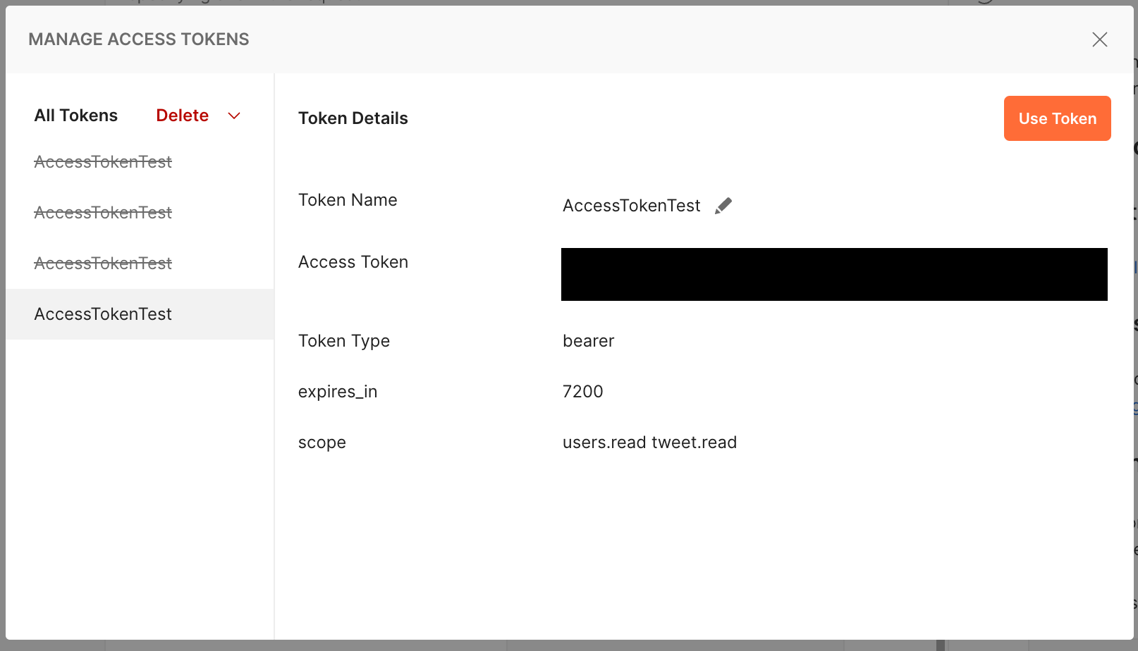 Access token screen in postman