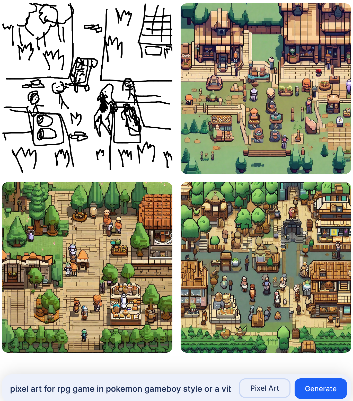 a pixel art city square with people and wooded area