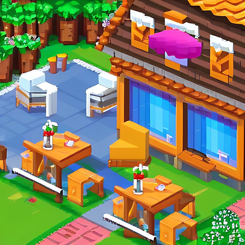 pixel-art style cozy cafe side view, rpg style game, ultra detailed, beautiful day, crisp, 16-bit graphics, blocky, pixel art style