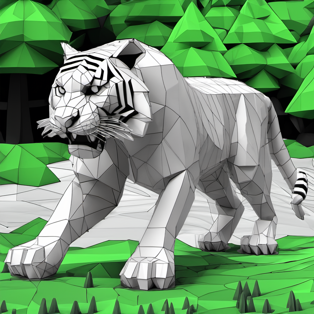 low-poly style of a tiger ready to pounce, polygon mesh, wireframe edges, ambient occlusion, low-poly game art, jagged, blocky