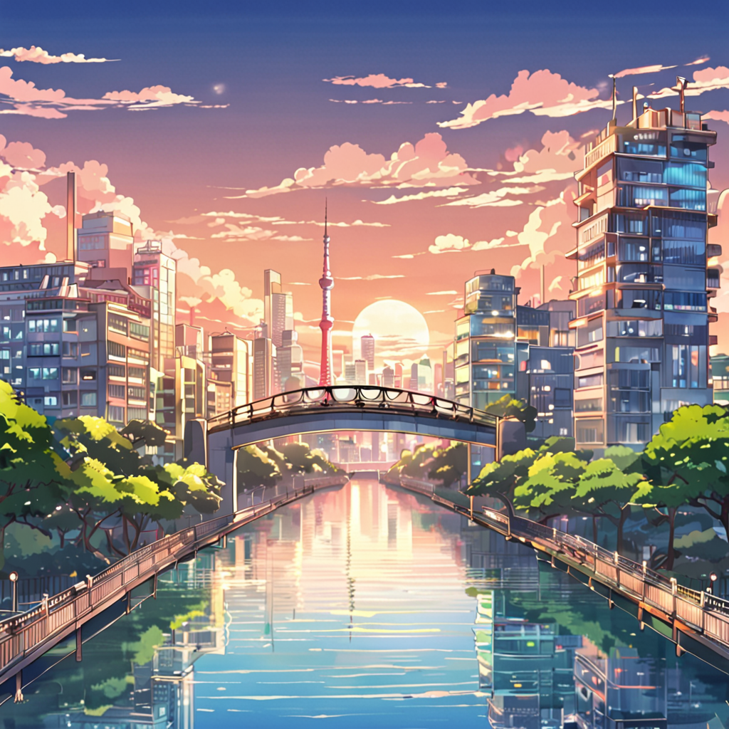 anime style of a tokyo bridge overlooking water, anime art style, studio anime, anime style, key visual