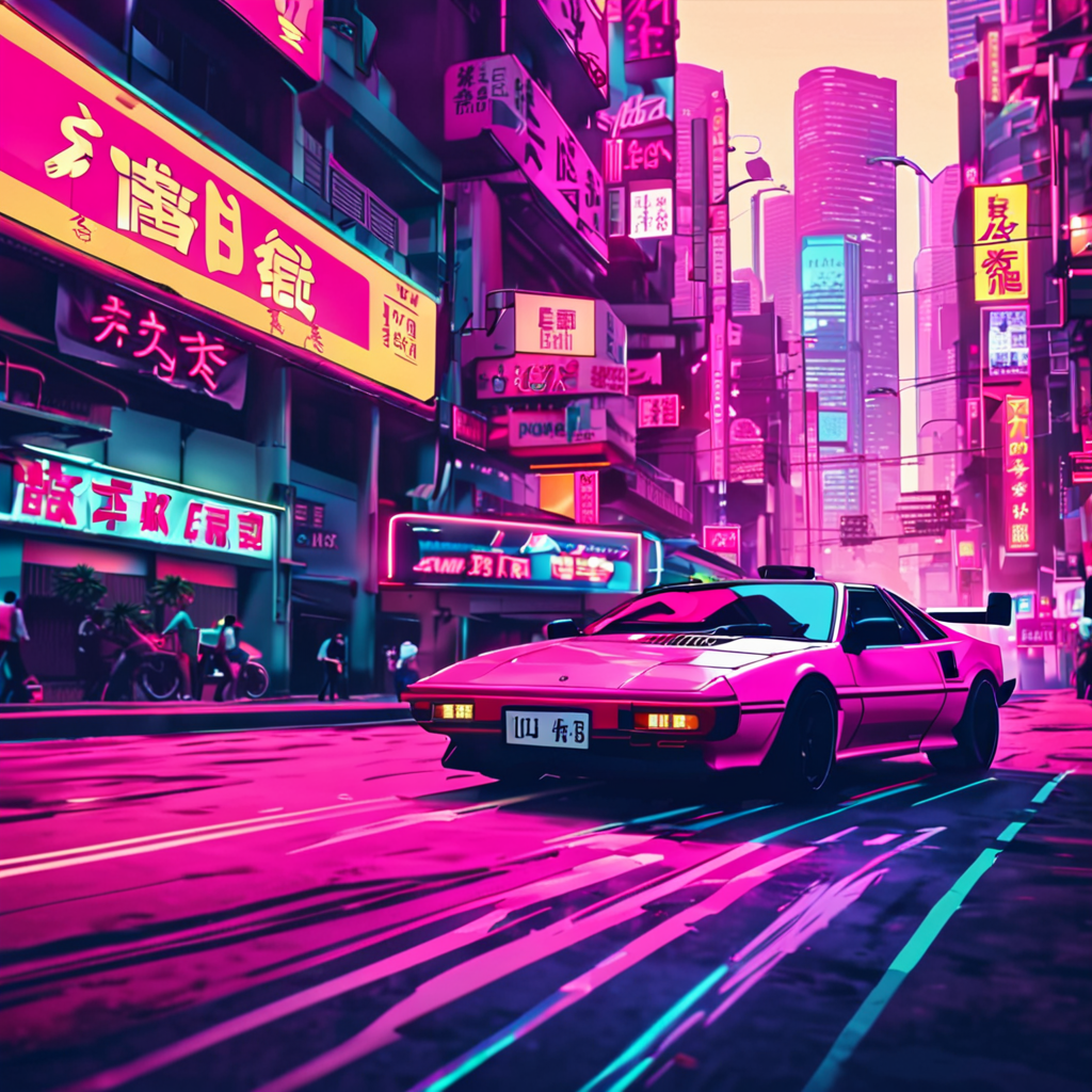 vaporwave synthwave style sports car driving through hong kong street,  high contrast, detailed, stunningly beautiful, cyberpunk, neon, vibes,  crisp, sleek, ultramodern, cinematic composition