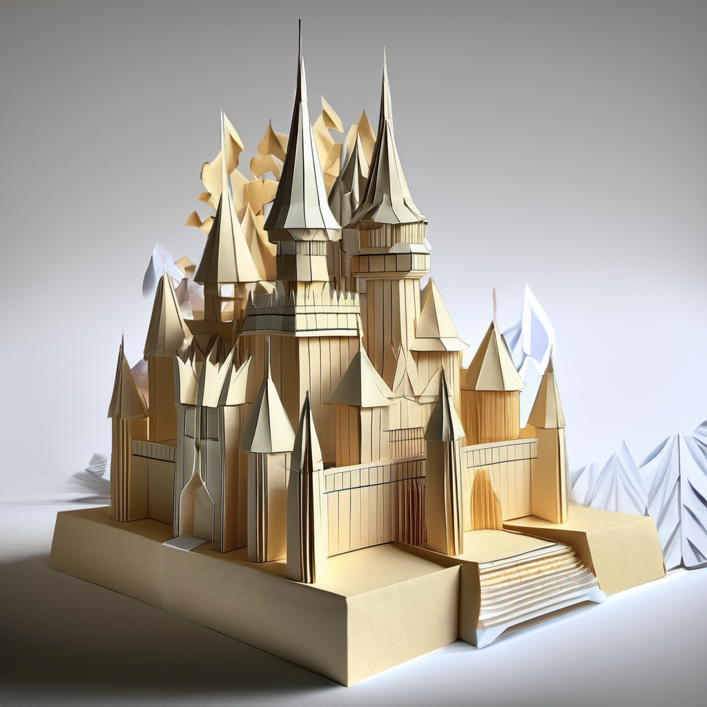 origami style Walt Disney Cinderella Castle, paper art, pleated paper, cut and fold, origami art, folded, pleats