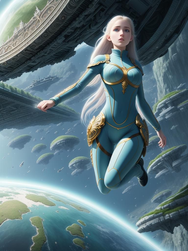 Image of a fantasy clothed women floating in space with green worlds behind her as a background
