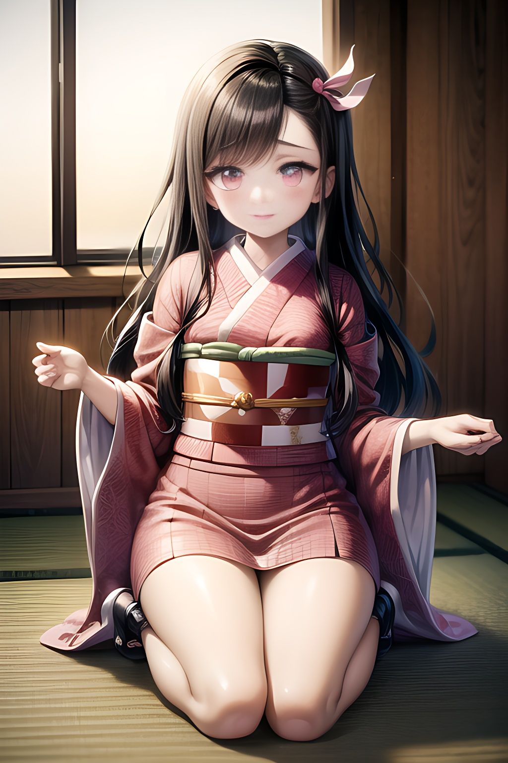 an anime kimono girl kneeling down