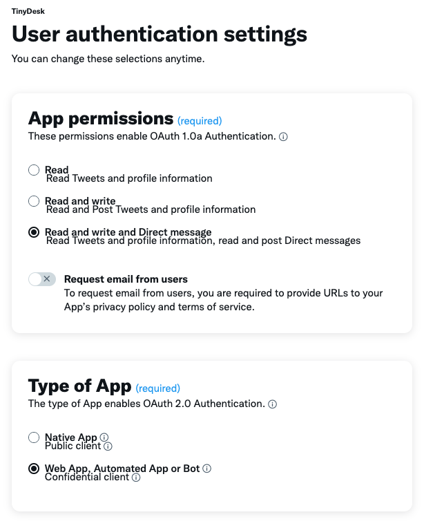 The user authentication settings for twitter app