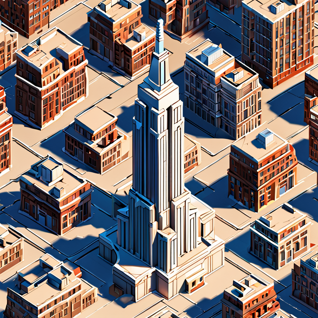 (Isometric style Empire State Building), detailed, ultra detailed, vibrant, beautiful, crisp, geometric lines, intricate, realistic