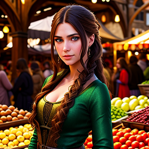 a girl in front of a fruit market wearing a green dress