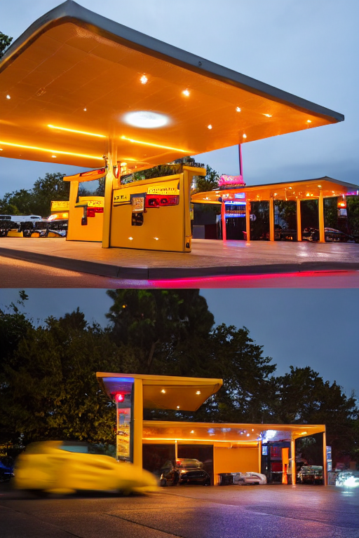 ours en peluche jaune, a restaurant is lit up at night on a rainy day, gas station photography, cgsociety, by Nōami, dark ominous mood, petrol energy, a quaint, photo realistic symmetrical, drive out, pouring, terminal dark, award-winning, professional, highly detailed