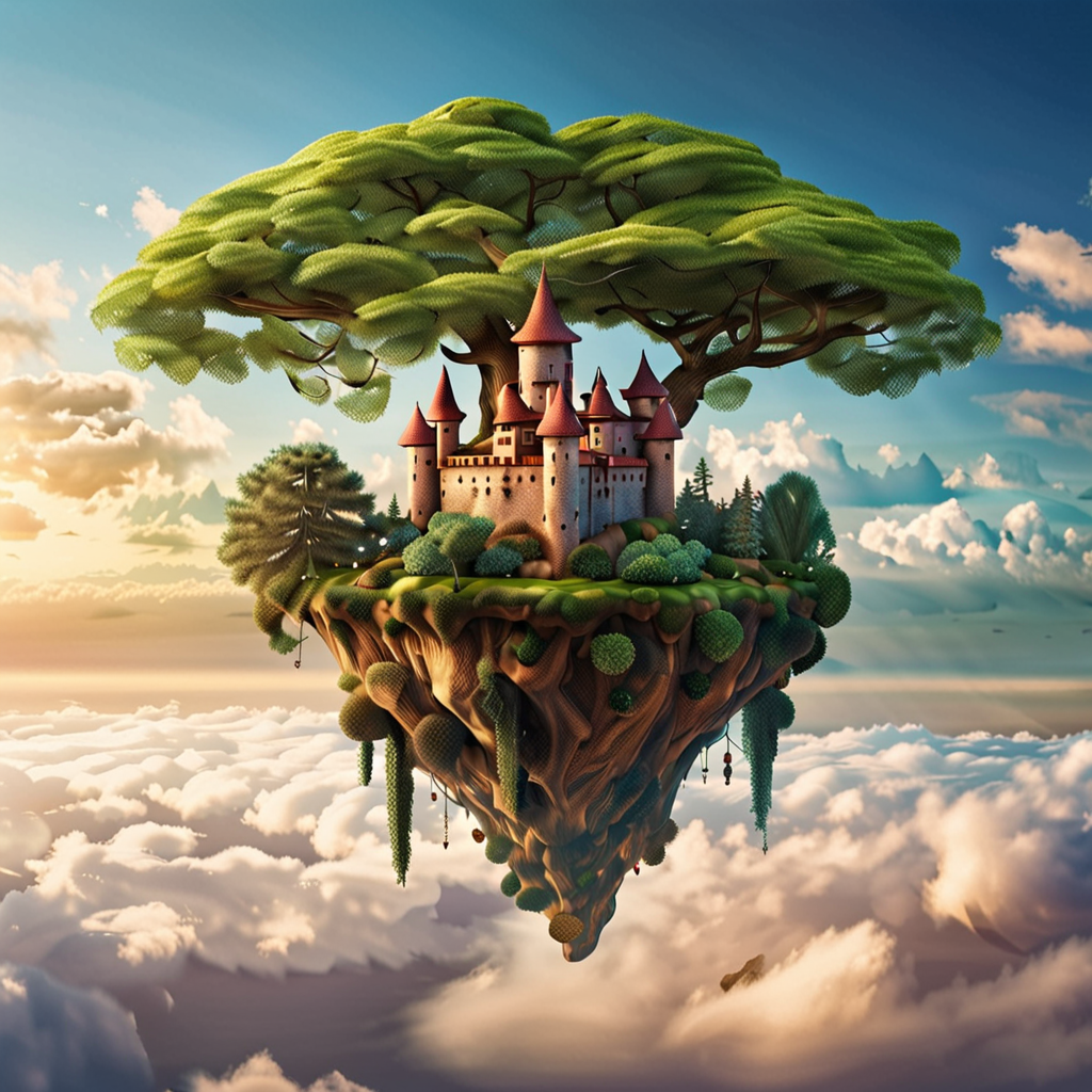Floating castle in the sky on terrain with massive trees, forest floating in the sky, connected by vines, realistic photography, award-winning, professional, highly detailed