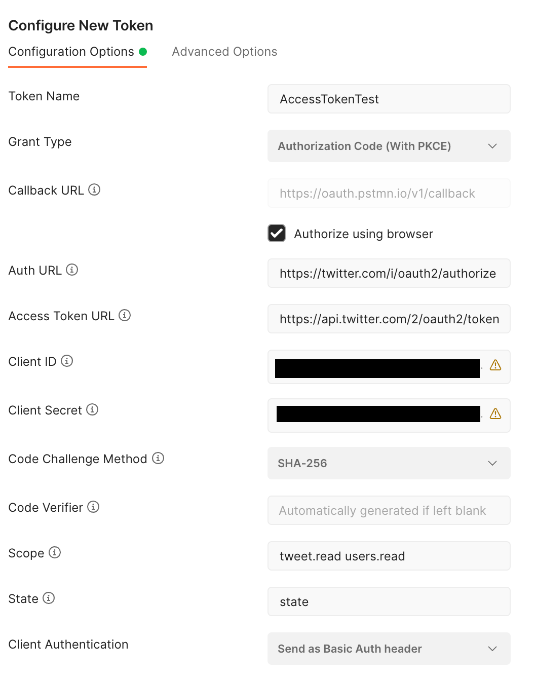 The settings for the twitter api generate new access token