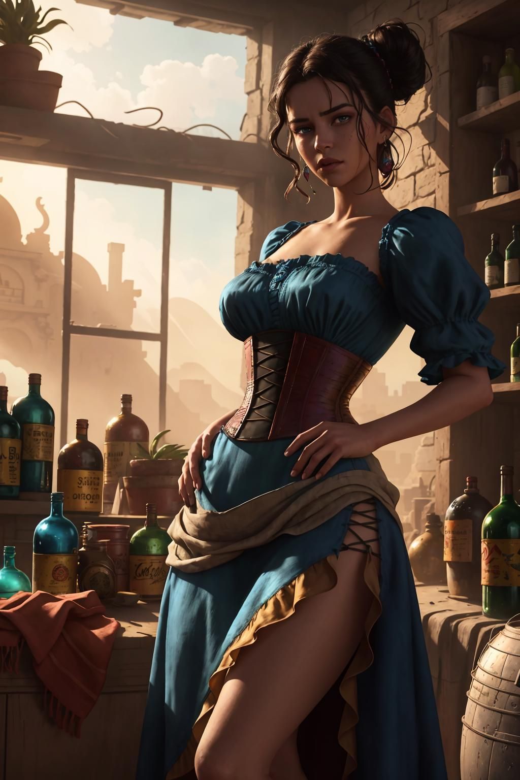 girl with bottles of potions in a blue dress