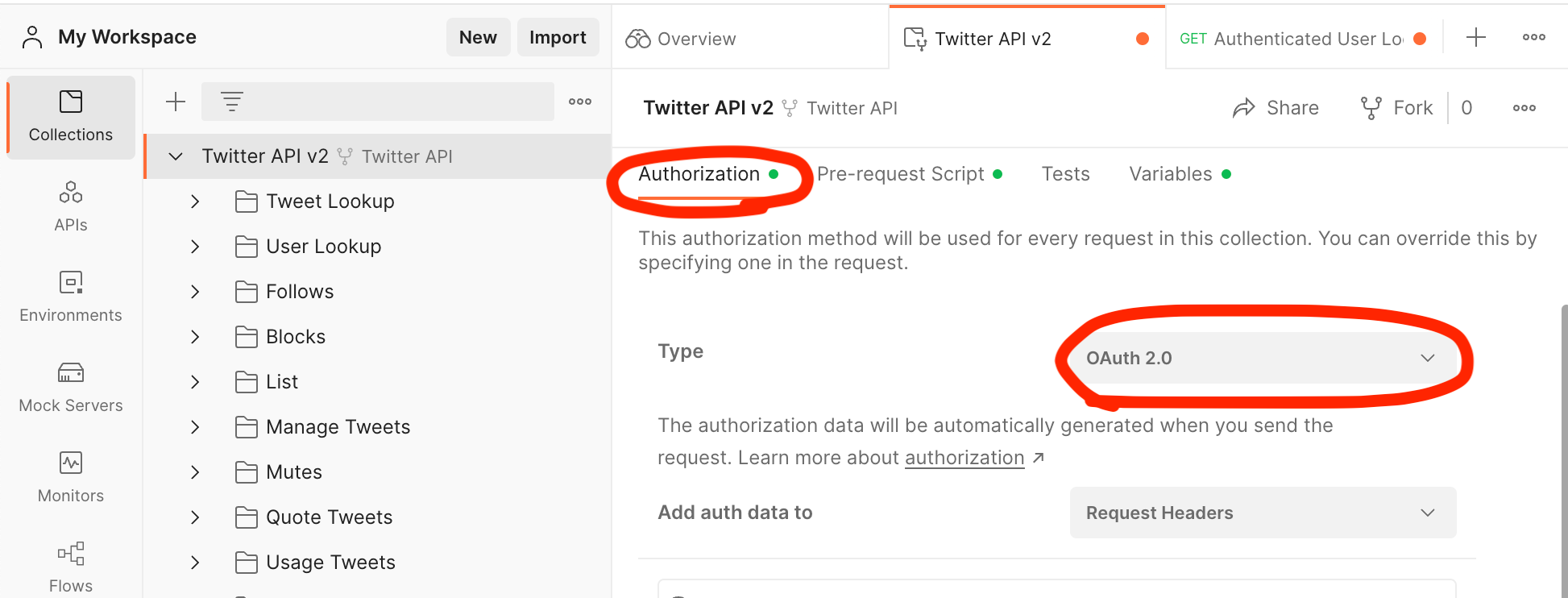 The Authorization settings for postman twitter api