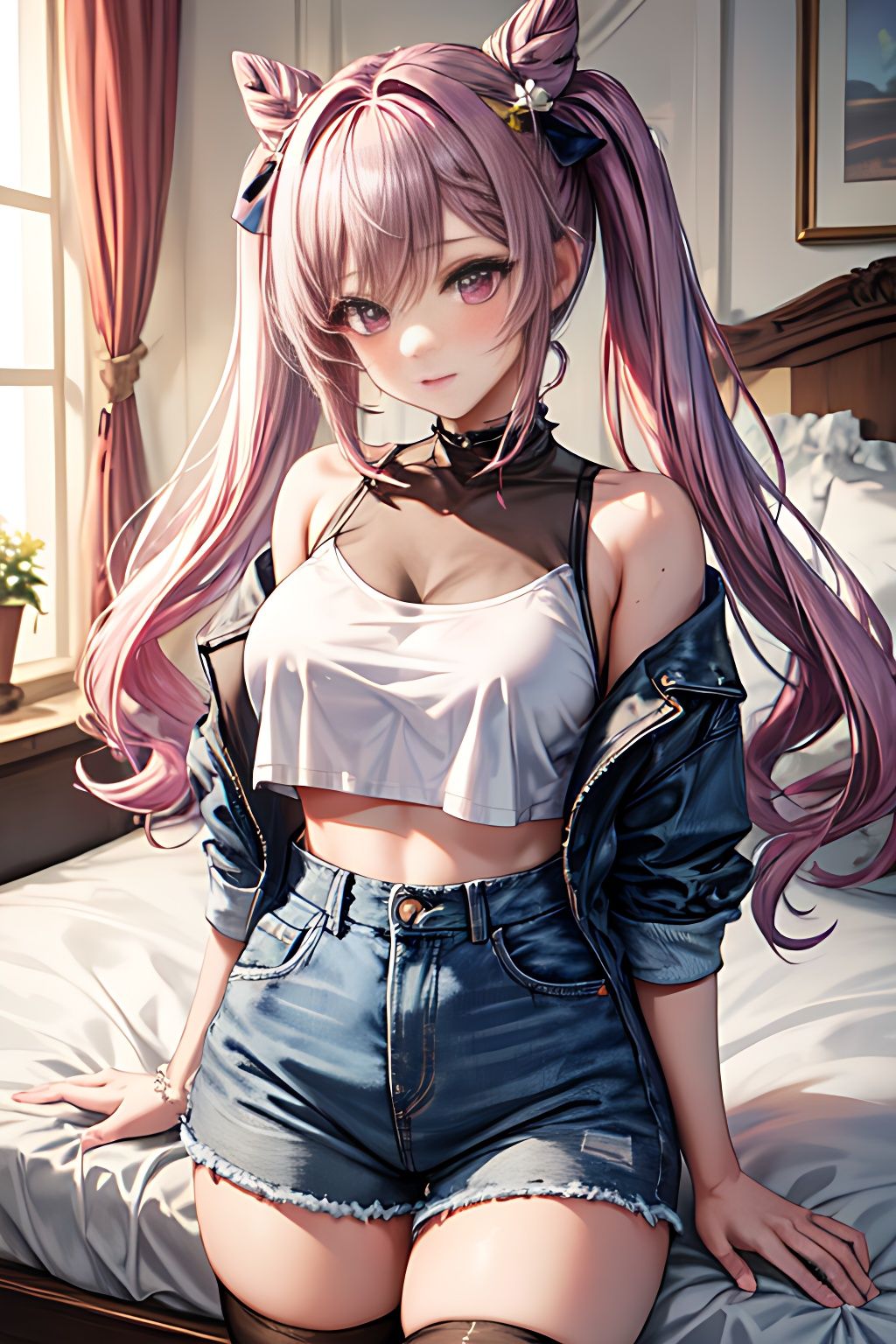 a girl with pink hair standing next to a bed in a stylish outfit