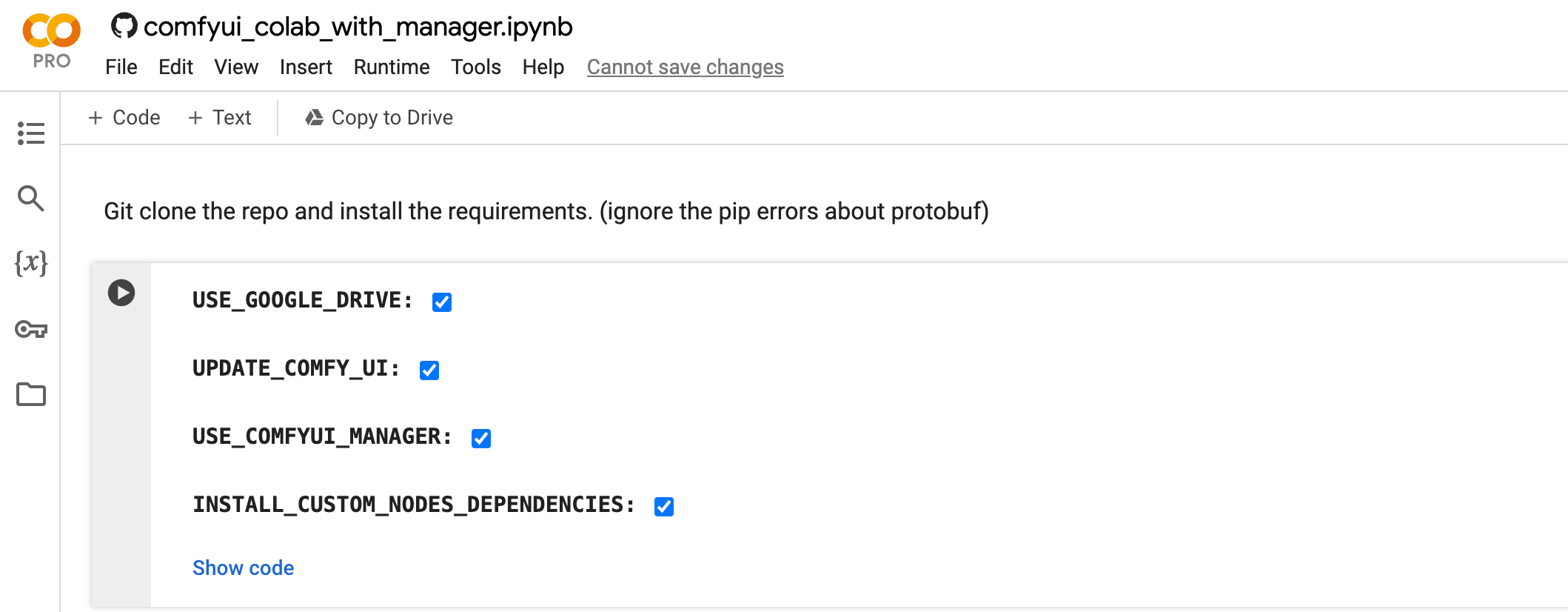 Screenshot of step 1 of the comfy ui with manager colab notebook