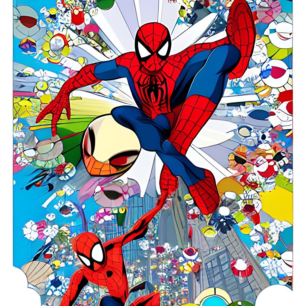 (style of Takashi Murakami), spiderman swinging through the city, illustration, colorful, vibrant, visual arts, japan