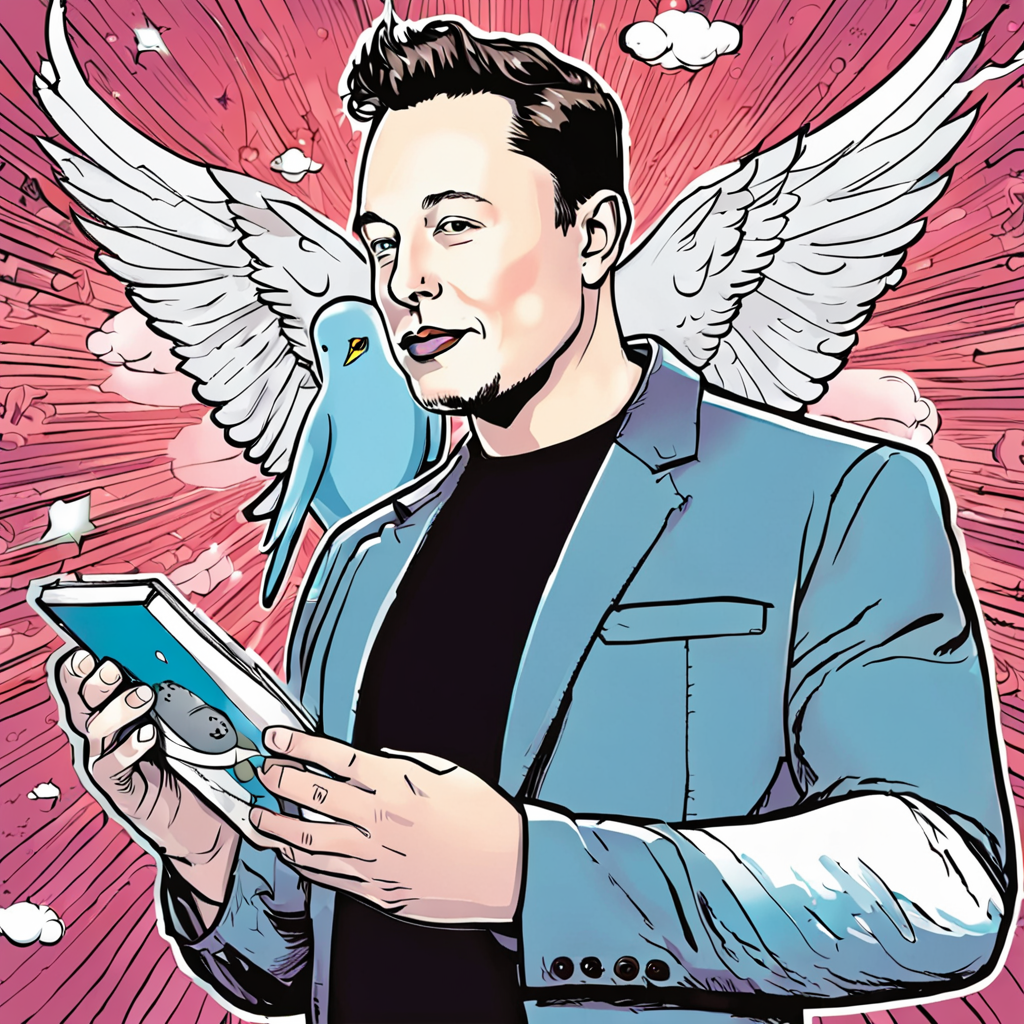 elon musk holding a floating twitter bird icon in comic book style, Comixology, ultra detailed, print material, graphic novel, flat colors scheme, Photorealistic, high-resolution, crisp, sharp, 2 panel, drawing, flat art style