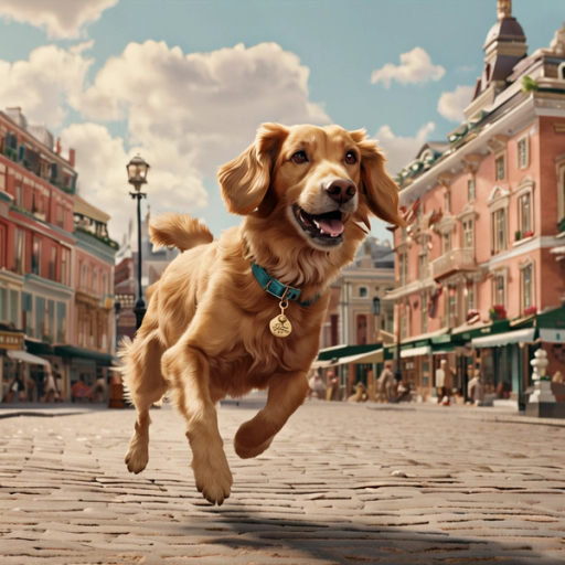 (style of Wes Anderson), dog running in a town square, photo realistic, detailed, ultra detailed, beautiful, crisp, intricate