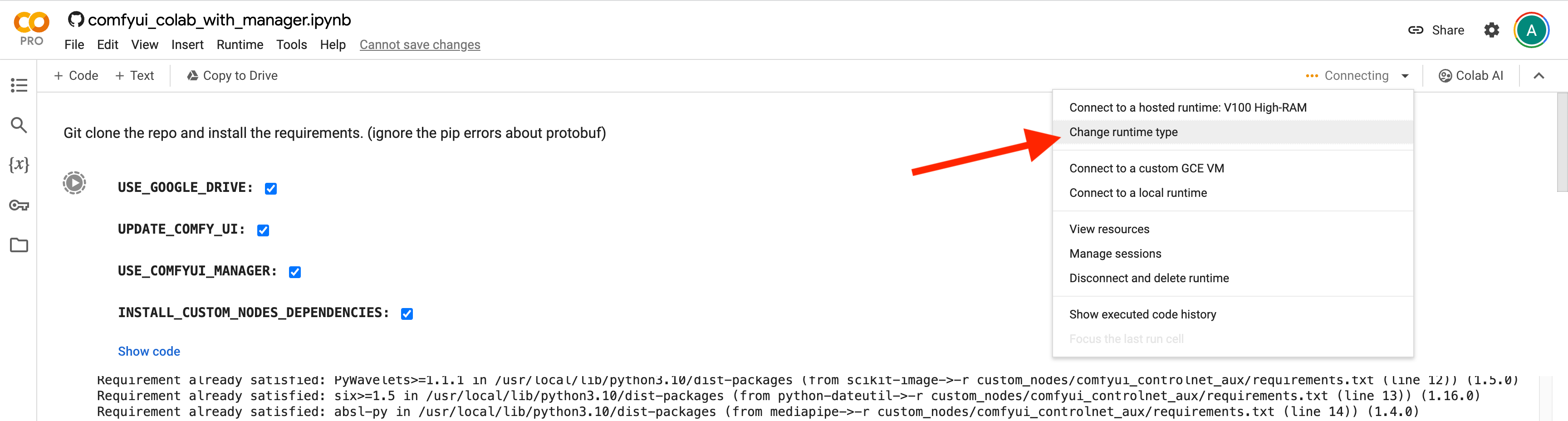 Step on how to click the change runtime type