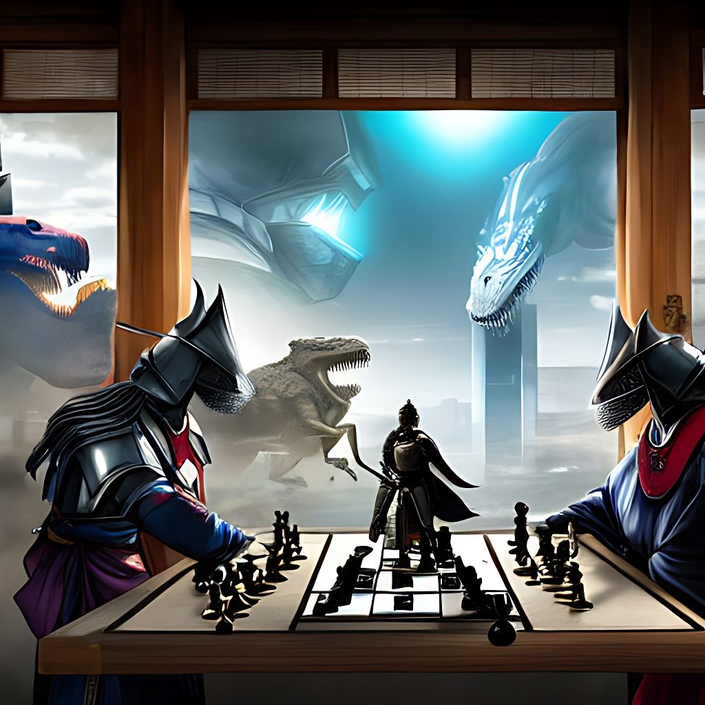 A warrior from feudal Japan and knight from medieval Europe engage in a friendly chess match in a futuristic cyberpunk cafe, while a T-Rex watches from outside through a window made of bubbles, photo realistic, detailed, ultra detailed, beautiful