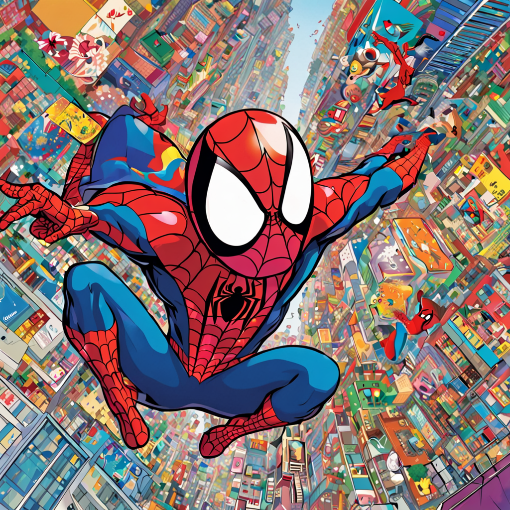 (style of Takashi Murakami), spiderman swinging through the city, illustration, colorful, vibrant, visual arts, japan