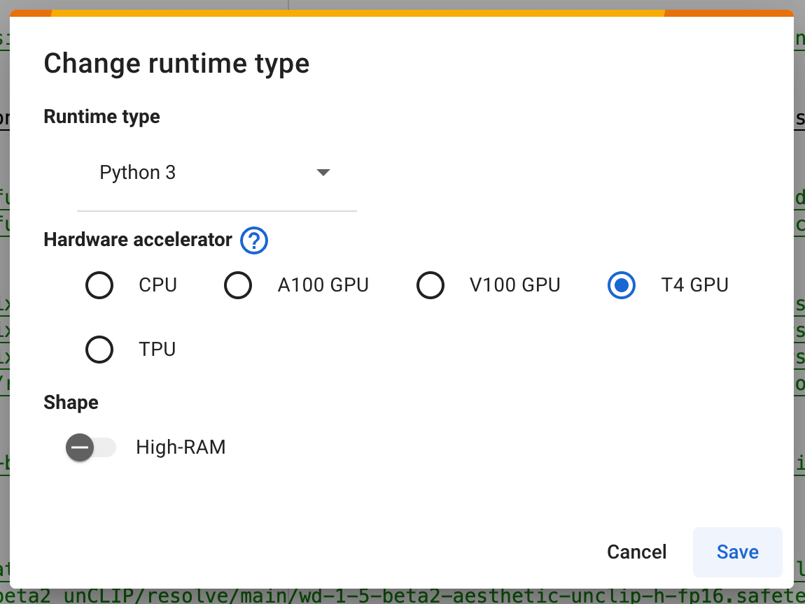 Screenshot of Google Colab Runtime Types