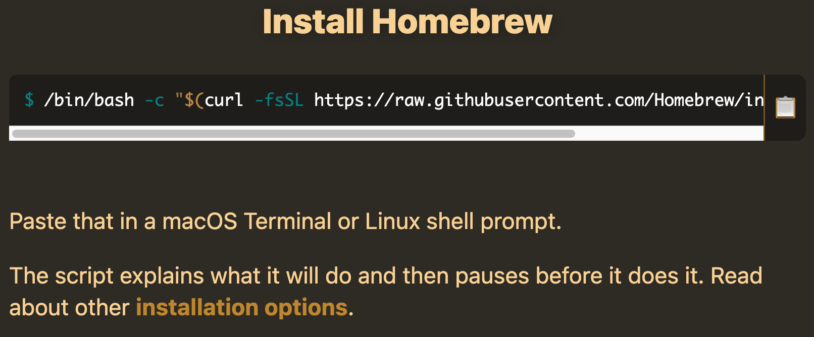 It shows a page of installation instructions for homebrew with a line to paste into your terminal