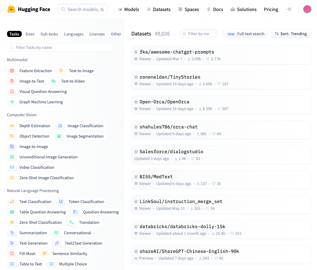 left has a bunch of categories while the right has a bunch of dataset blocks that can be selected