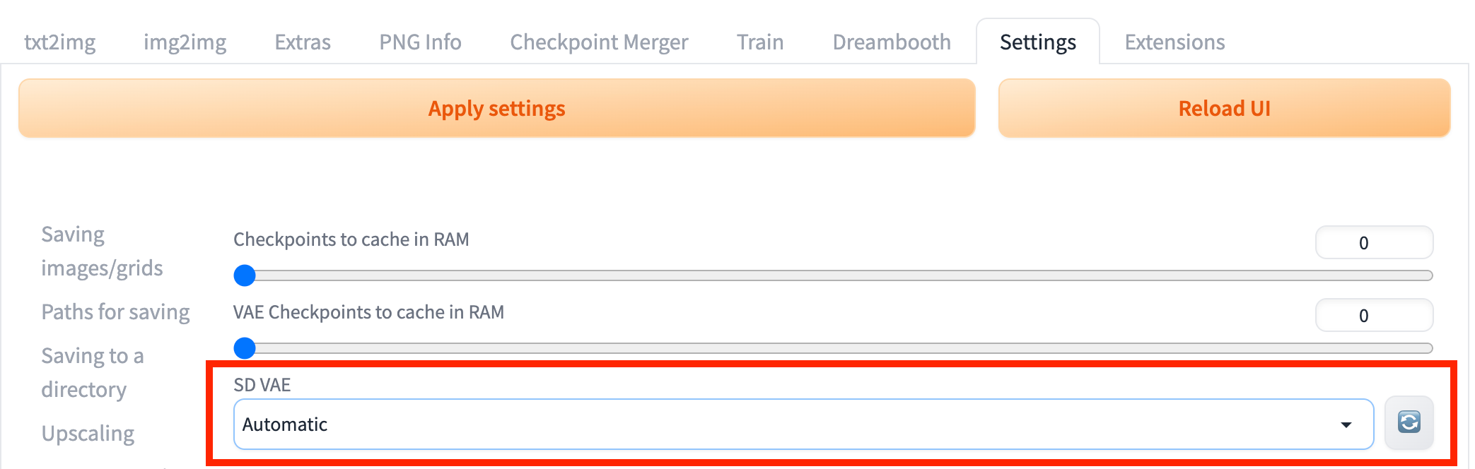 Settings page on Automatic1111 showing a dropdown for SD VAE