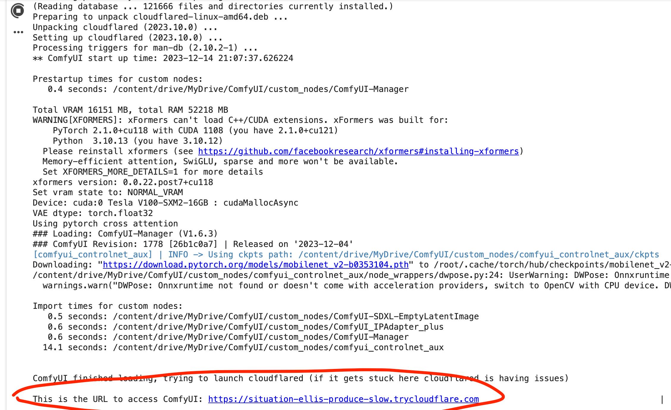 Showing the link output in google colab the url for cloudflare running comfyui instance