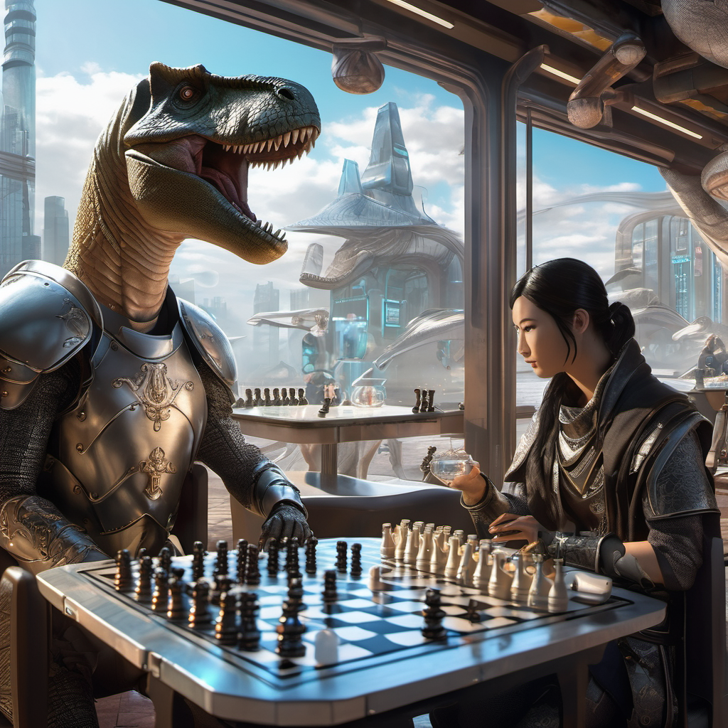 A warrior from feudal Japan and knight from medieval Europe engage in a friendly chess match in a futuristic cyberpunk cafe, while a T-Rex watches from outside through a window made of bubbles, photo realistic, detailed, ultra detailed, beautiful