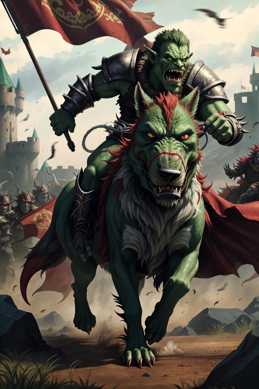 green orc riding a green wolf in battle