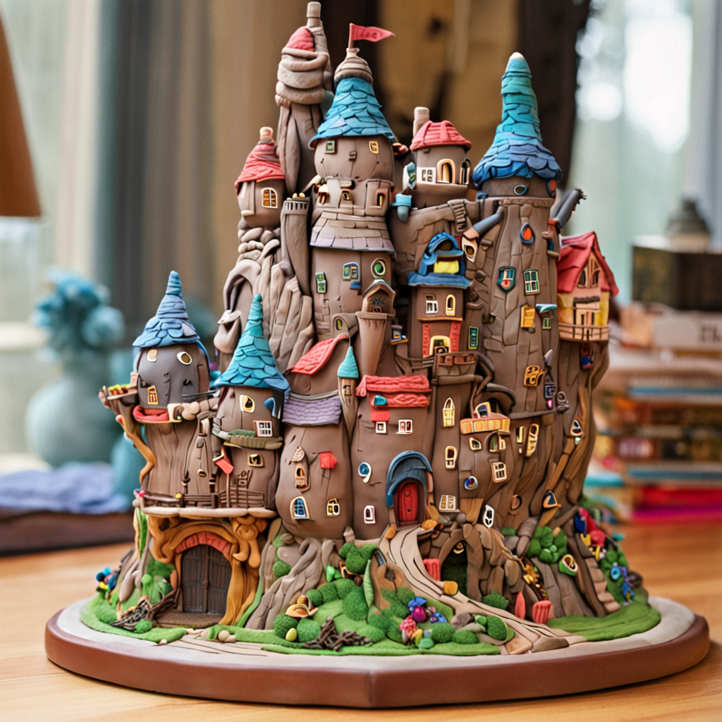 Walking Howl's Moving Castle made of clay, 3d, three-dimensional, realistic, claymation style, centered composition, play-doh, clay art